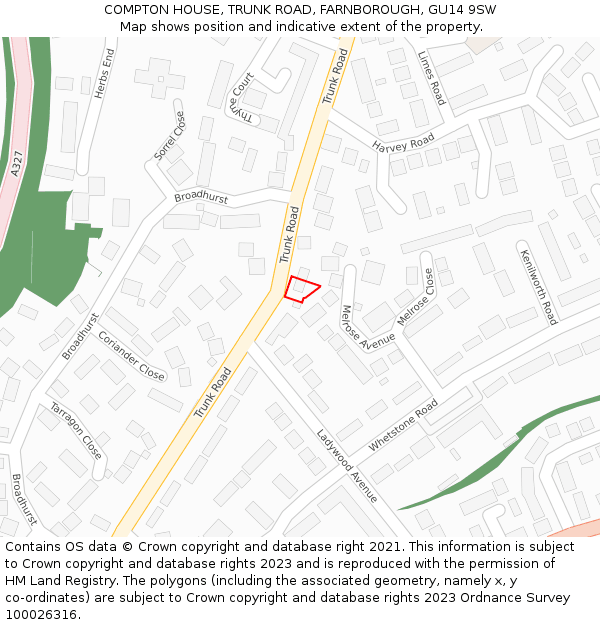COMPTON HOUSE, TRUNK ROAD, FARNBOROUGH, GU14 9SW: Location map and indicative extent of plot