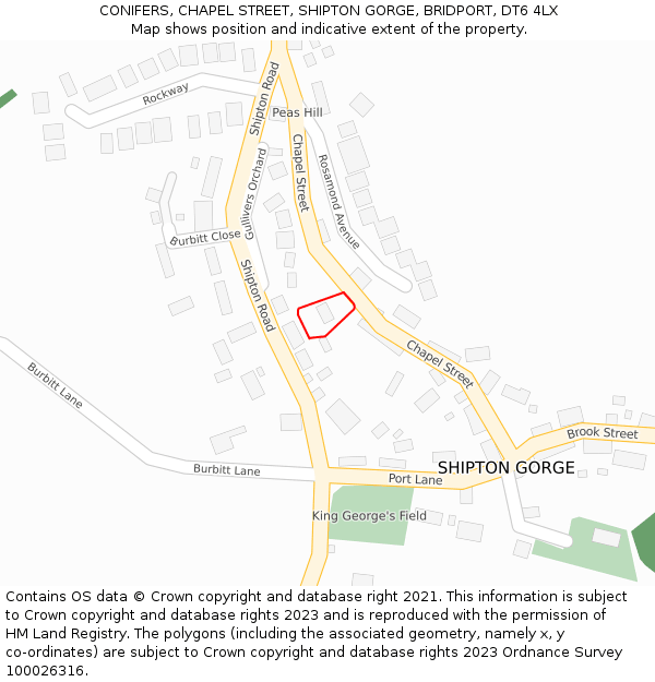 CONIFERS, CHAPEL STREET, SHIPTON GORGE, BRIDPORT, DT6 4LX: Location map and indicative extent of plot