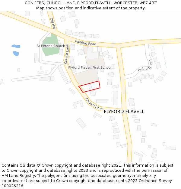 CONIFERS, CHURCH LANE, FLYFORD FLAVELL, WORCESTER, WR7 4BZ: Location map and indicative extent of plot