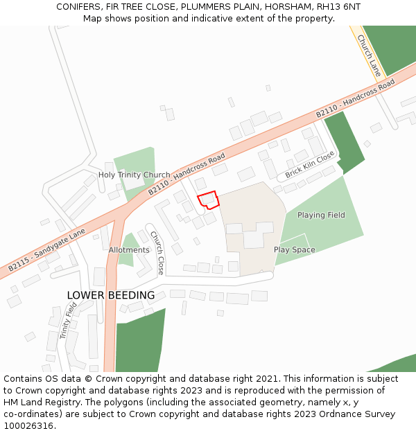 CONIFERS, FIR TREE CLOSE, PLUMMERS PLAIN, HORSHAM, RH13 6NT: Location map and indicative extent of plot