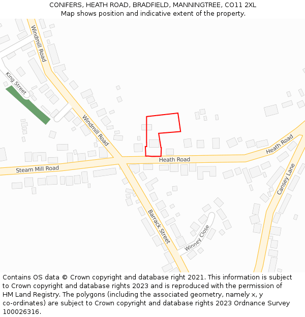 CONIFERS, HEATH ROAD, BRADFIELD, MANNINGTREE, CO11 2XL: Location map and indicative extent of plot