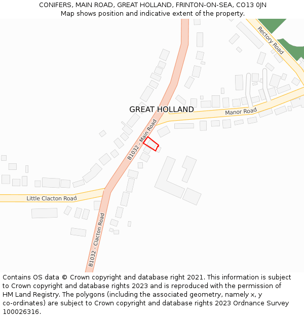 CONIFERS, MAIN ROAD, GREAT HOLLAND, FRINTON-ON-SEA, CO13 0JN: Location map and indicative extent of plot