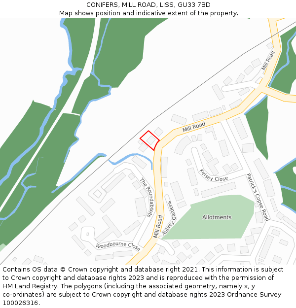 CONIFERS, MILL ROAD, LISS, GU33 7BD: Location map and indicative extent of plot