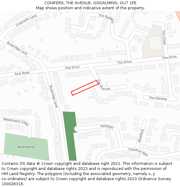 CONIFERS, THE AVENUE, GODALMING, GU7 1PE: Location map and indicative extent of plot