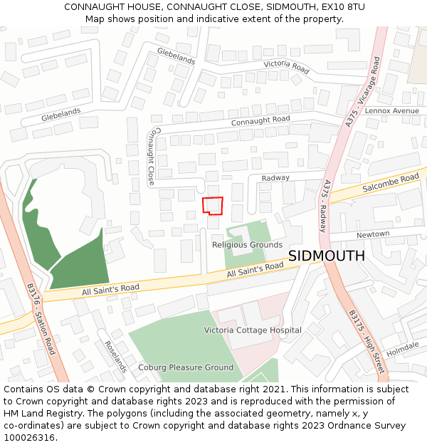 CONNAUGHT HOUSE, CONNAUGHT CLOSE, SIDMOUTH, EX10 8TU: Location map and indicative extent of plot