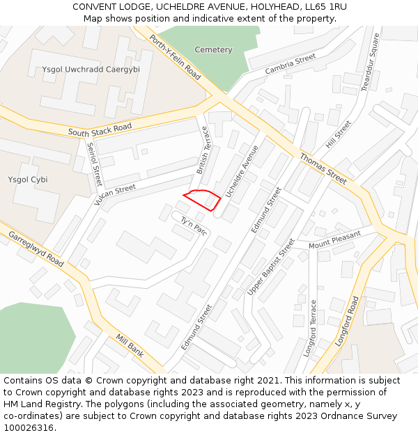 CONVENT LODGE, UCHELDRE AVENUE, HOLYHEAD, LL65 1RU: Location map and indicative extent of plot