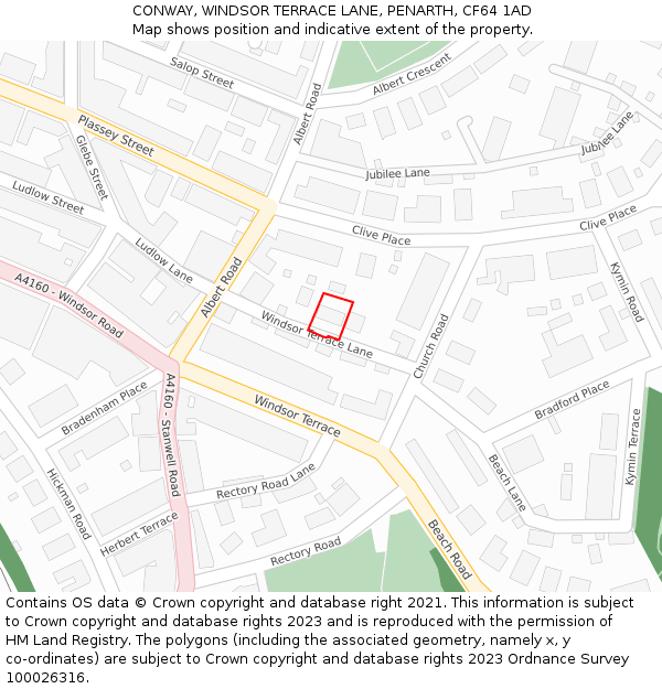 CONWAY, WINDSOR TERRACE LANE, PENARTH, CF64 1AD: Location map and indicative extent of plot