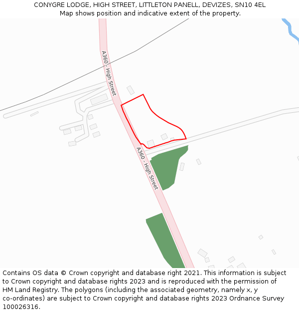 CONYGRE LODGE, HIGH STREET, LITTLETON PANELL, DEVIZES, SN10 4EL: Location map and indicative extent of plot