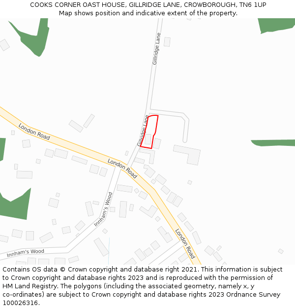 COOKS CORNER OAST HOUSE, GILLRIDGE LANE, CROWBOROUGH, TN6 1UP: Location map and indicative extent of plot