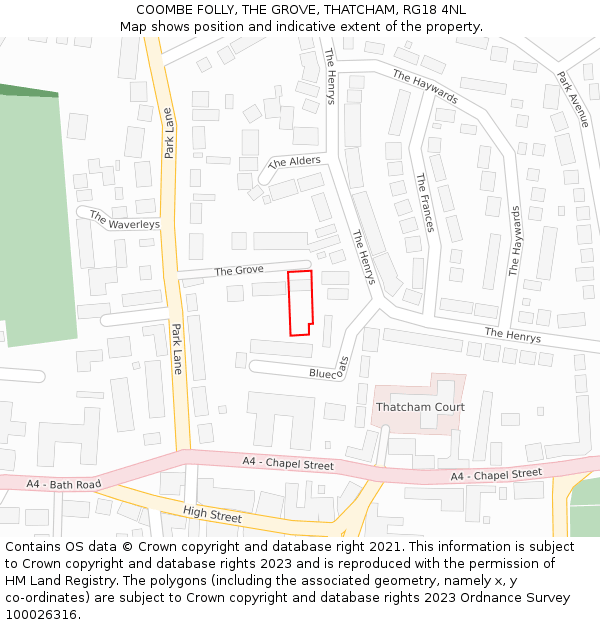 COOMBE FOLLY, THE GROVE, THATCHAM, RG18 4NL: Location map and indicative extent of plot