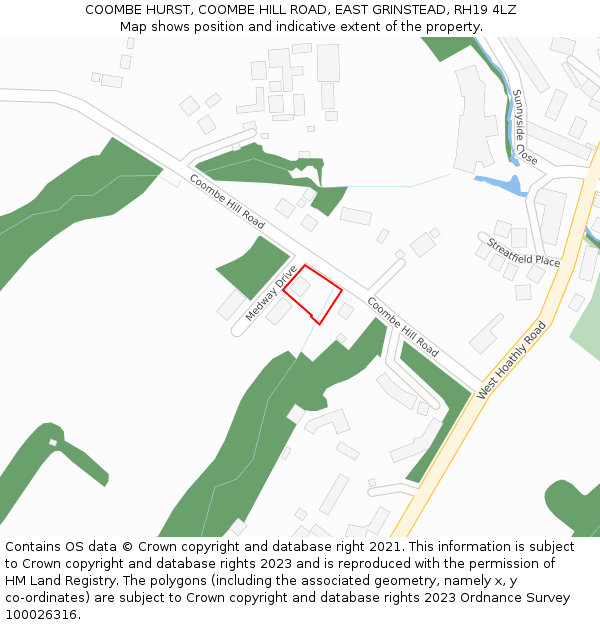 COOMBE HURST, COOMBE HILL ROAD, EAST GRINSTEAD, RH19 4LZ: Location map and indicative extent of plot