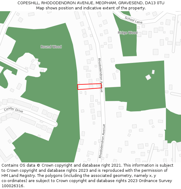 COPESHILL, RHODODENDRON AVENUE, MEOPHAM, GRAVESEND, DA13 0TU: Location map and indicative extent of plot