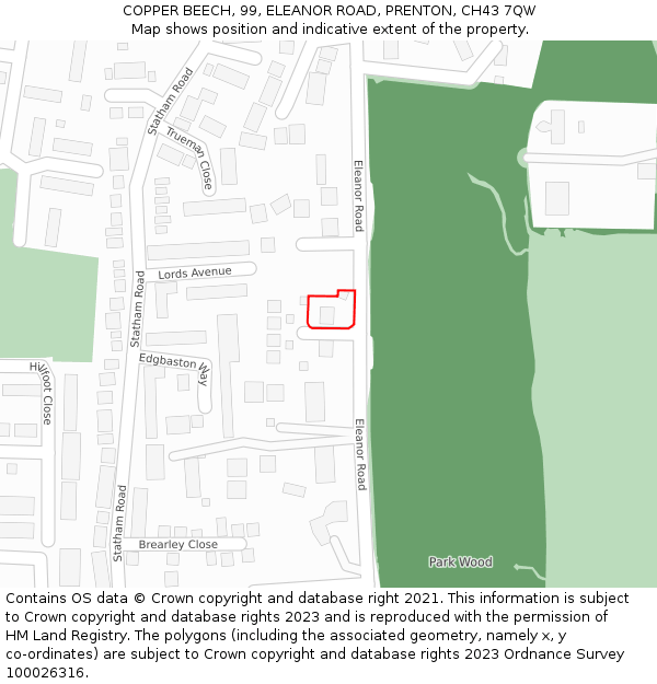 COPPER BEECH, 99, ELEANOR ROAD, PRENTON, CH43 7QW: Location map and indicative extent of plot
