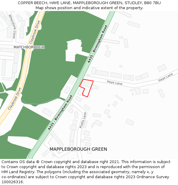 COPPER BEECH, HAYE LANE, MAPPLEBOROUGH GREEN, STUDLEY, B80 7BU: Location map and indicative extent of plot