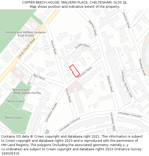 COPPER BEECH HOUSE, MALVERN PLACE, CHELTENHAM, GL50 2JL: Location map and indicative extent of plot
