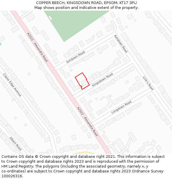 COPPER BEECH, KINGSDOWN ROAD, EPSOM, KT17 3PU: Location map and indicative extent of plot