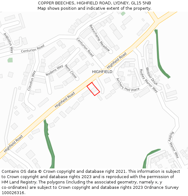 COPPER BEECHES, HIGHFIELD ROAD, LYDNEY, GL15 5NB: Location map and indicative extent of plot