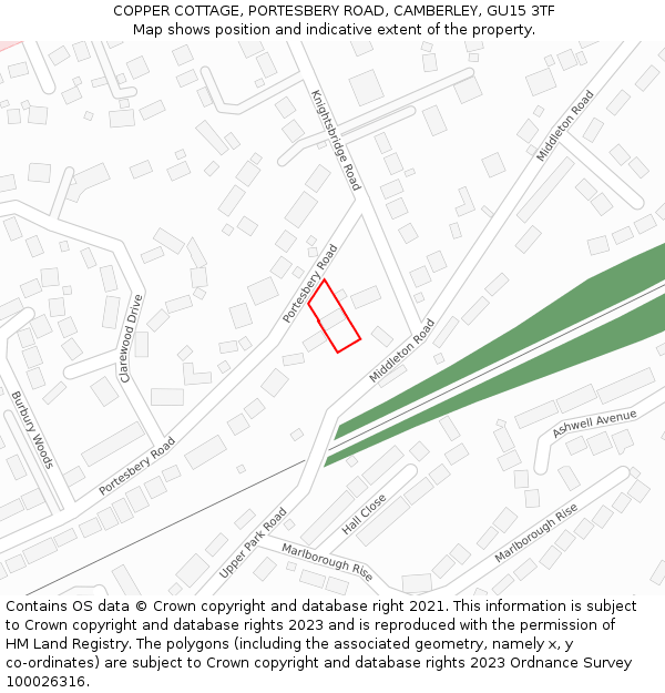COPPER COTTAGE, PORTESBERY ROAD, CAMBERLEY, GU15 3TF: Location map and indicative extent of plot