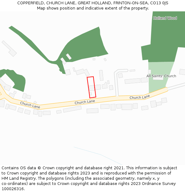 COPPERFIELD, CHURCH LANE, GREAT HOLLAND, FRINTON-ON-SEA, CO13 0JS: Location map and indicative extent of plot
