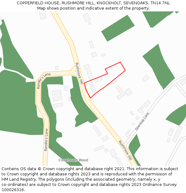 COPPERFIELD HOUSE, RUSHMORE HILL, KNOCKHOLT, SEVENOAKS, TN14 7NL: Location map and indicative extent of plot