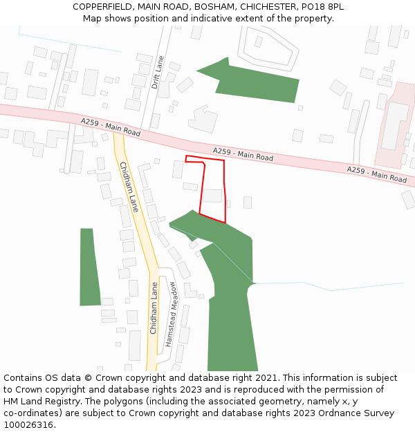 COPPERFIELD, MAIN ROAD, BOSHAM, CHICHESTER, PO18 8PL: Location map and indicative extent of plot