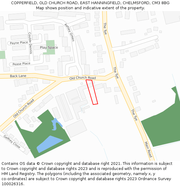 COPPERFIELD, OLD CHURCH ROAD, EAST HANNINGFIELD, CHELMSFORD, CM3 8BG: Location map and indicative extent of plot