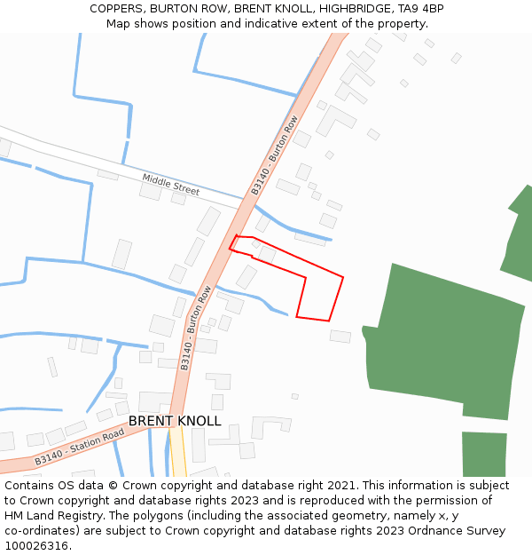 COPPERS, BURTON ROW, BRENT KNOLL, HIGHBRIDGE, TA9 4BP: Location map and indicative extent of plot