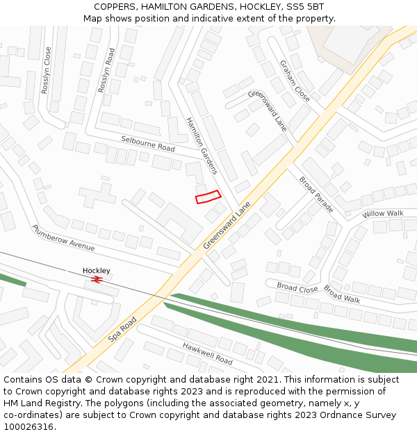 COPPERS, HAMILTON GARDENS, HOCKLEY, SS5 5BT: Location map and indicative extent of plot