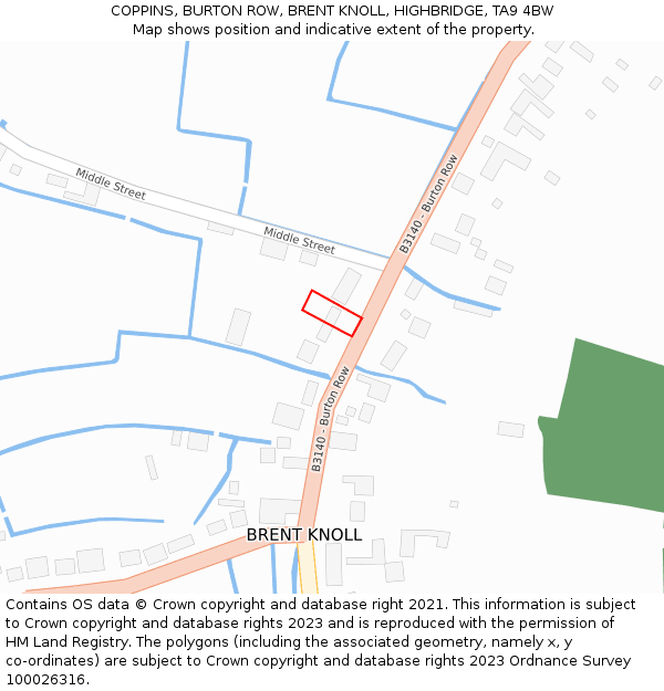 COPPINS, BURTON ROW, BRENT KNOLL, HIGHBRIDGE, TA9 4BW: Location map and indicative extent of plot