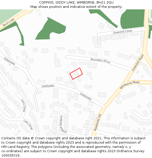 COPPINS, GIDDY LAKE, WIMBORNE, BH21 2QU: Location map and indicative extent of plot