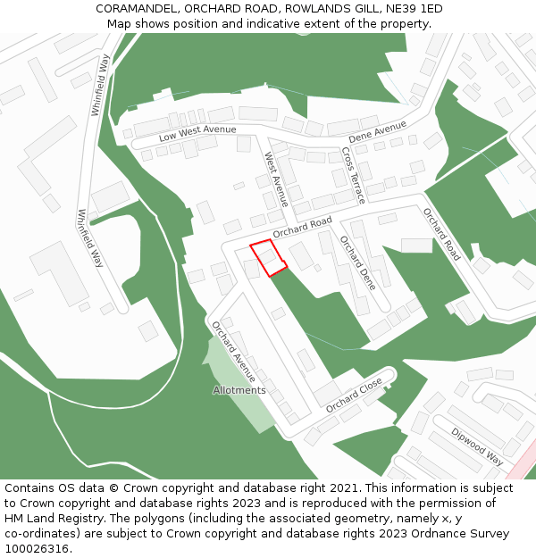 CORAMANDEL, ORCHARD ROAD, ROWLANDS GILL, NE39 1ED: Location map and indicative extent of plot