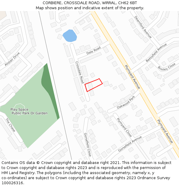 CORBIERE, CROSSDALE ROAD, WIRRAL, CH62 6BT: Location map and indicative extent of plot