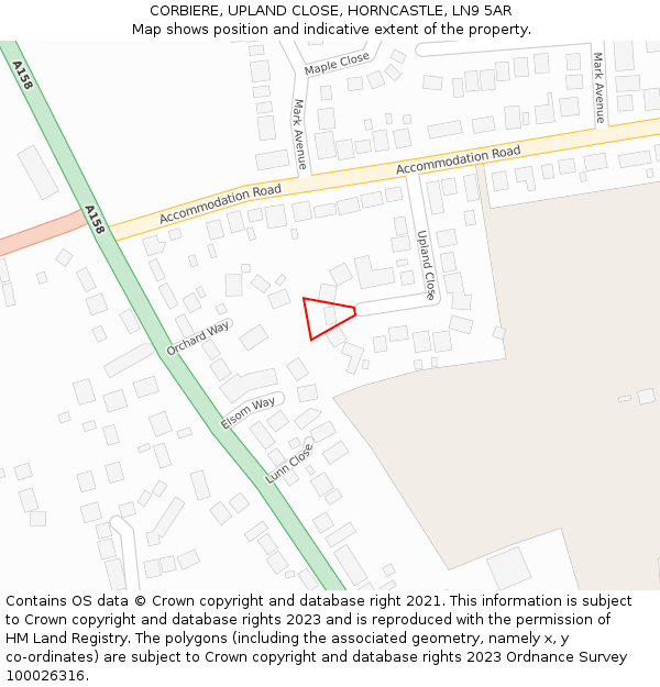 CORBIERE, UPLAND CLOSE, HORNCASTLE, LN9 5AR: Location map and indicative extent of plot