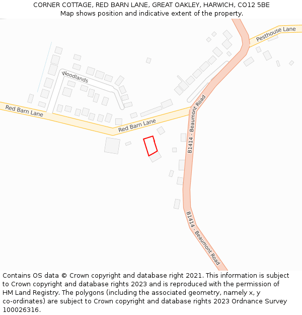 CORNER COTTAGE, RED BARN LANE, GREAT OAKLEY, HARWICH, CO12 5BE: Location map and indicative extent of plot