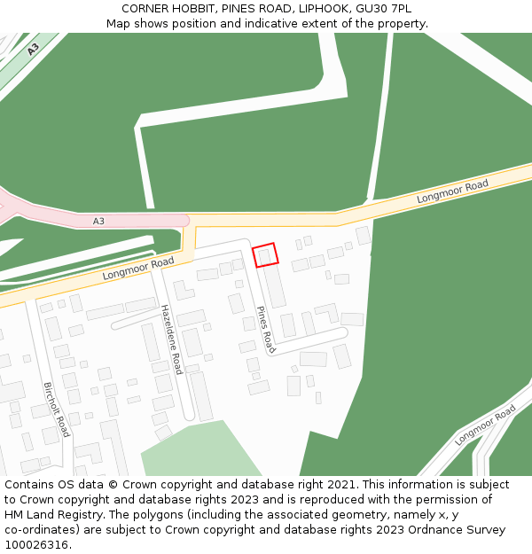 CORNER HOBBIT, PINES ROAD, LIPHOOK, GU30 7PL: Location map and indicative extent of plot