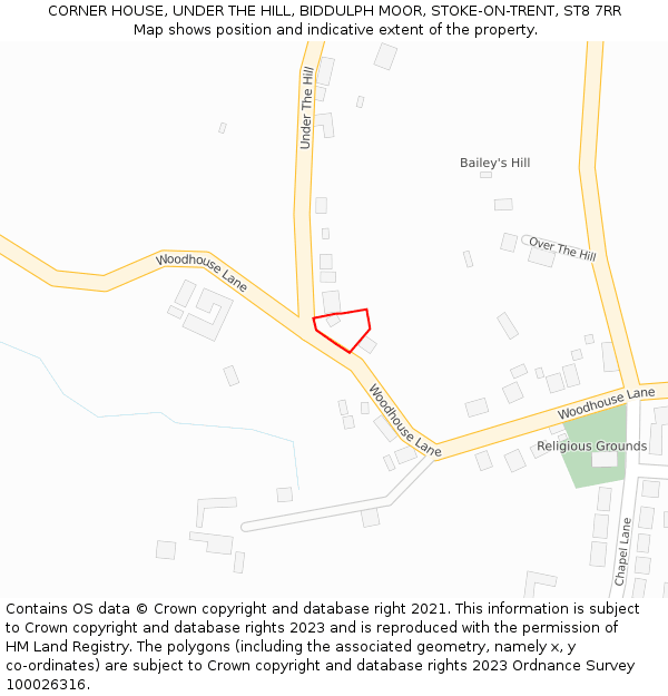 CORNER HOUSE, UNDER THE HILL, BIDDULPH MOOR, STOKE-ON-TRENT, ST8 7RR: Location map and indicative extent of plot