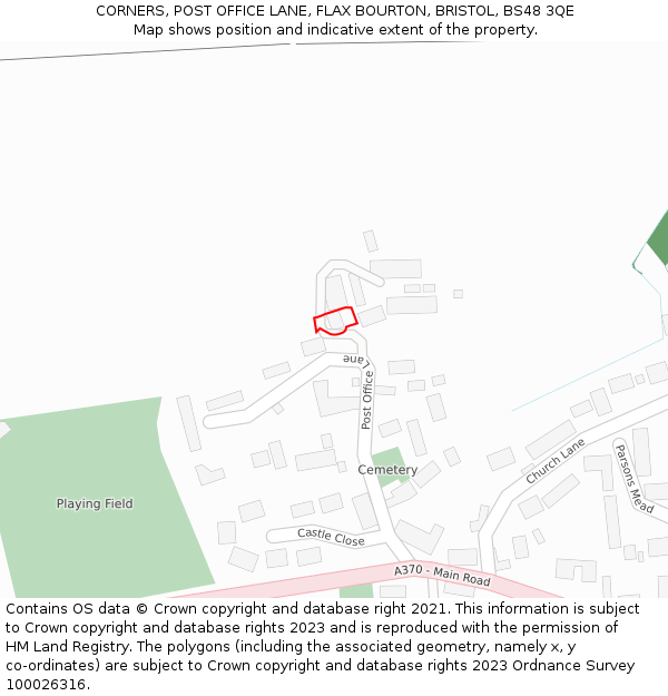 CORNERS, POST OFFICE LANE, FLAX BOURTON, BRISTOL, BS48 3QE: Location map and indicative extent of plot