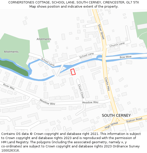 CORNERSTONES COTTAGE, SCHOOL LANE, SOUTH CERNEY, CIRENCESTER, GL7 5TX: Location map and indicative extent of plot