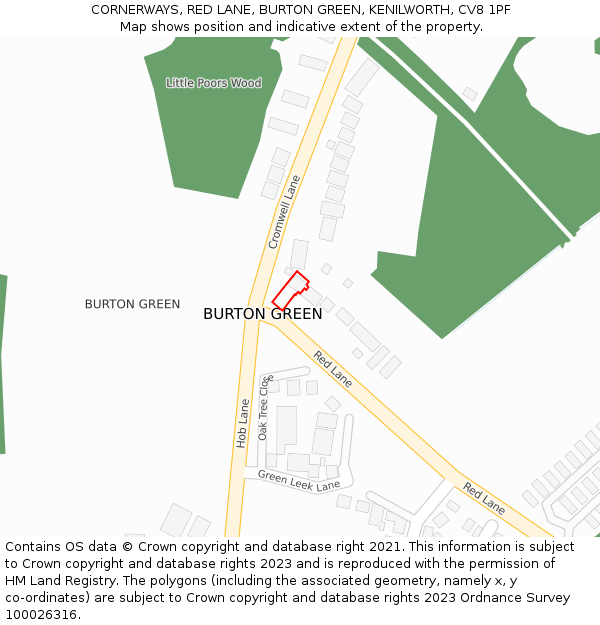 CORNERWAYS, RED LANE, BURTON GREEN, KENILWORTH, CV8 1PF: Location map and indicative extent of plot