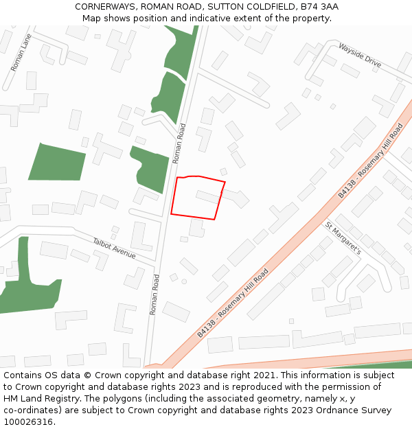 CORNERWAYS, ROMAN ROAD, SUTTON COLDFIELD, B74 3AA: Location map and indicative extent of plot