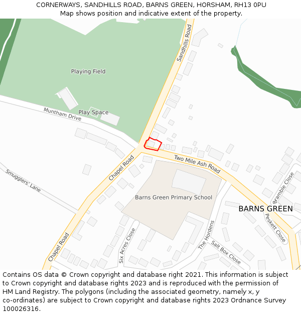 CORNERWAYS, SANDHILLS ROAD, BARNS GREEN, HORSHAM, RH13 0PU: Location map and indicative extent of plot