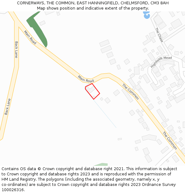 CORNERWAYS, THE COMMON, EAST HANNINGFIELD, CHELMSFORD, CM3 8AH: Location map and indicative extent of plot