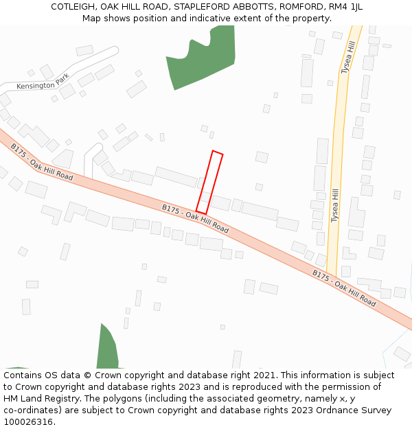 COTLEIGH, OAK HILL ROAD, STAPLEFORD ABBOTTS, ROMFORD, RM4 1JL: Location map and indicative extent of plot