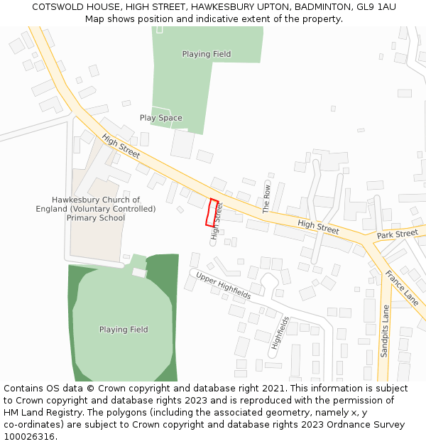 COTSWOLD HOUSE, HIGH STREET, HAWKESBURY UPTON, BADMINTON, GL9 1AU: Location map and indicative extent of plot