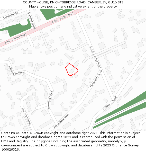 COUNTY HOUSE, KNIGHTSBRIDGE ROAD, CAMBERLEY, GU15 3TS: Location map and indicative extent of plot