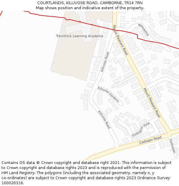 COURTLANDS, KILLIVOSE ROAD, CAMBORNE, TR14 7RN: Location map and indicative extent of plot