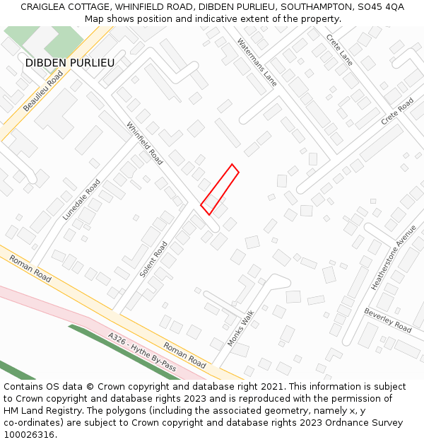 CRAIGLEA COTTAGE, WHINFIELD ROAD, DIBDEN PURLIEU, SOUTHAMPTON, SO45 4QA: Location map and indicative extent of plot