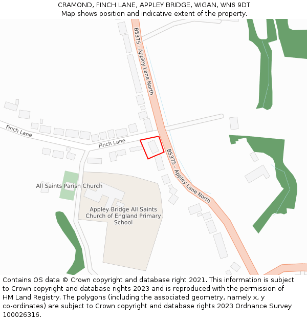 CRAMOND, FINCH LANE, APPLEY BRIDGE, WIGAN, WN6 9DT: Location map and indicative extent of plot
