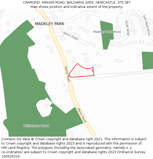 CRAMOND, MANOR ROAD, BALDWINS GATE, NEWCASTLE, ST5 5ET: Location map and indicative extent of plot