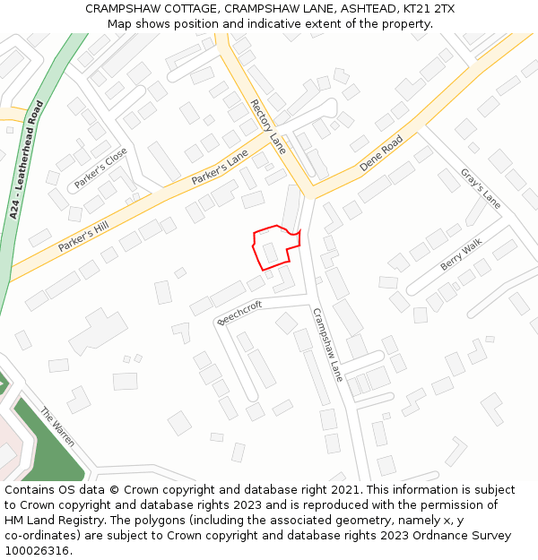 CRAMPSHAW COTTAGE, CRAMPSHAW LANE, ASHTEAD, KT21 2TX: Location map and indicative extent of plot